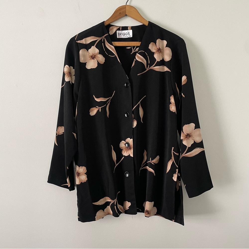 Vintage 90s Briggs Black and Beige Floral Button Down Blouse Top